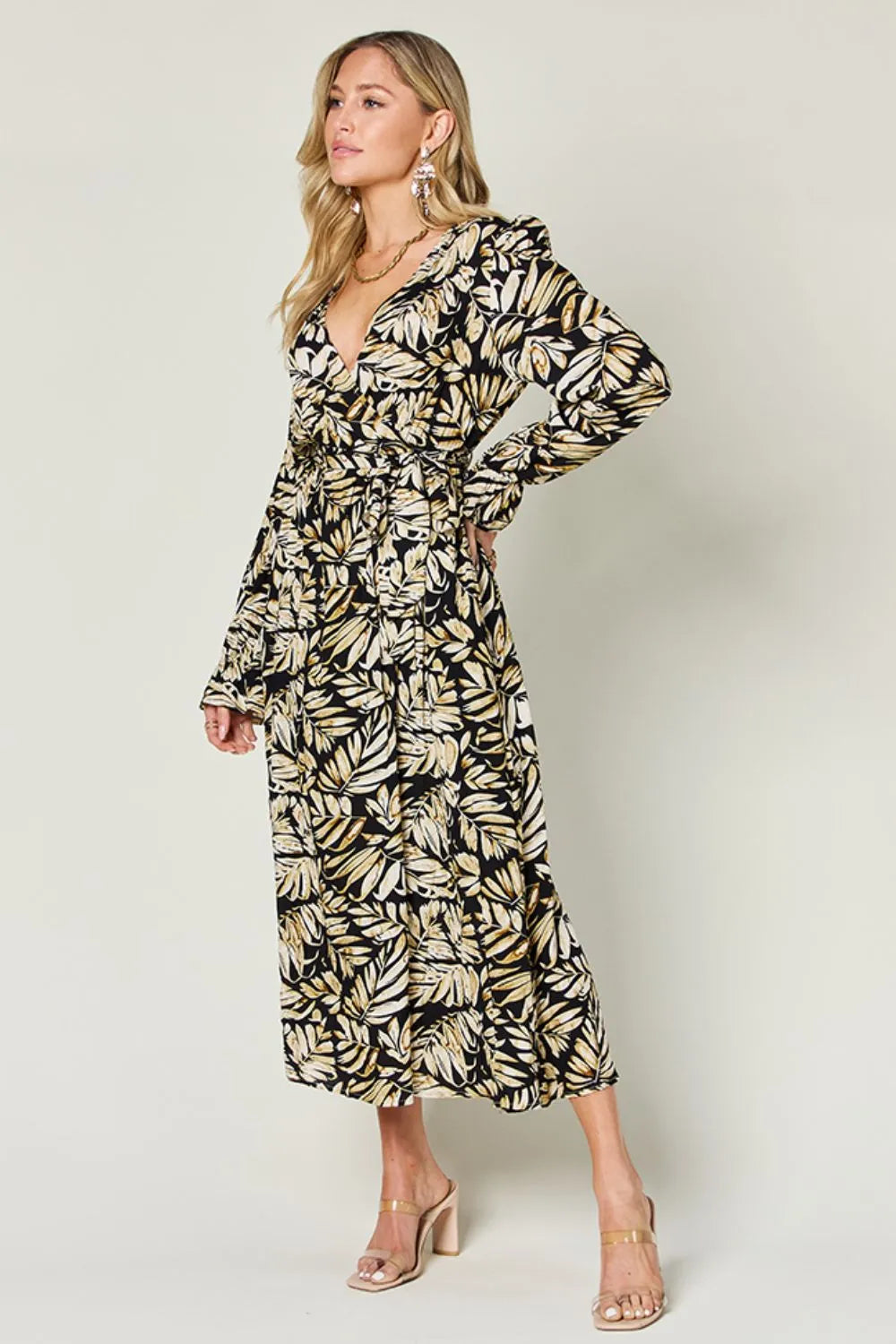Double Take Full Size Tie Back Flounce Sleeve Dress - Lilixa.store