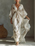 Full Size Feather Print V-Neck Flowy Maxi Dress Plus Size - Lilixa.store