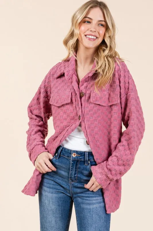 BOMBOM Checkered Button Down Dropped Shoulder Shacket - Lilixa.store