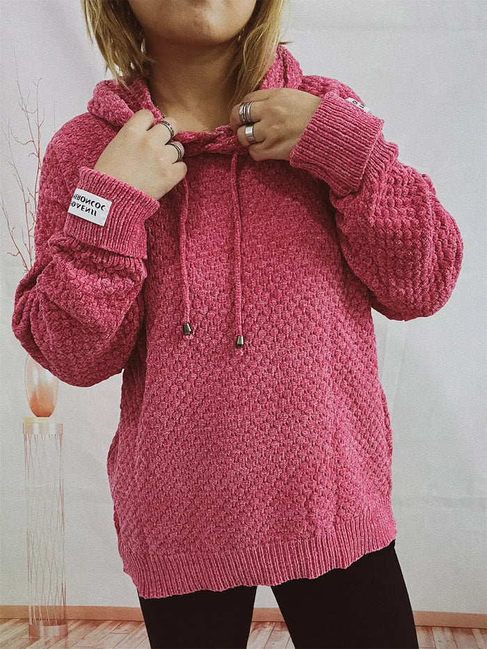 Drawstring Long Sleeve Hooded Sweater in Deep Rose