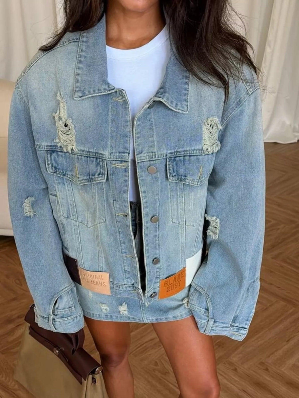 Distressed Denim Jacket and Mini Skirt Set in Light Blue, view 4