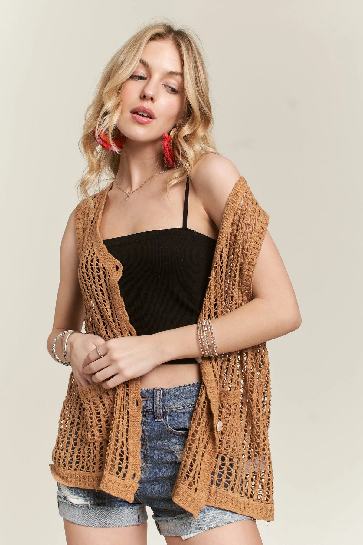 ADORA Button Down Crochet Vest Top in Camel, view 3