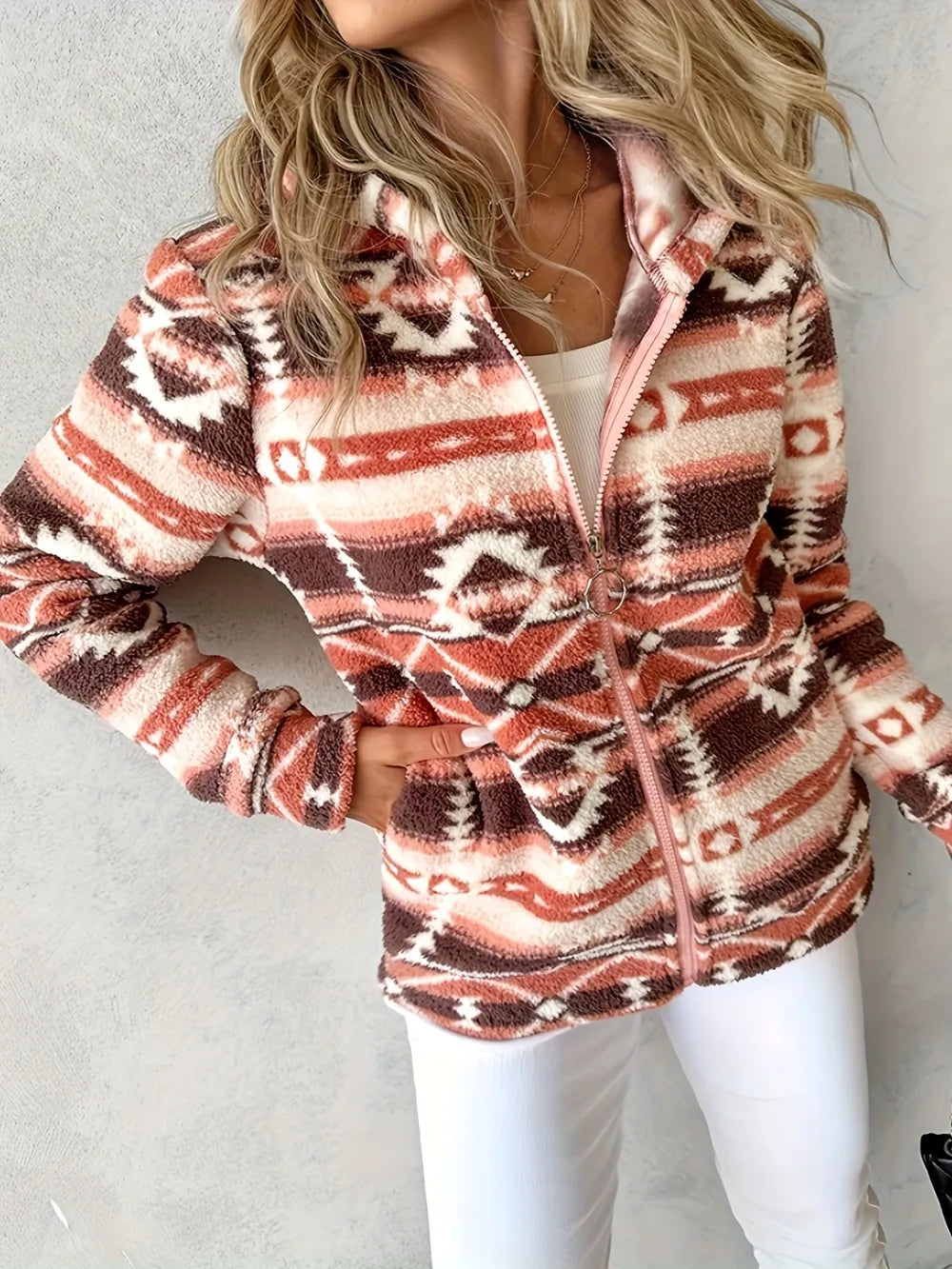 Geometric Zip Up Long Sleeve Hooded Jacket in Brown, view 2