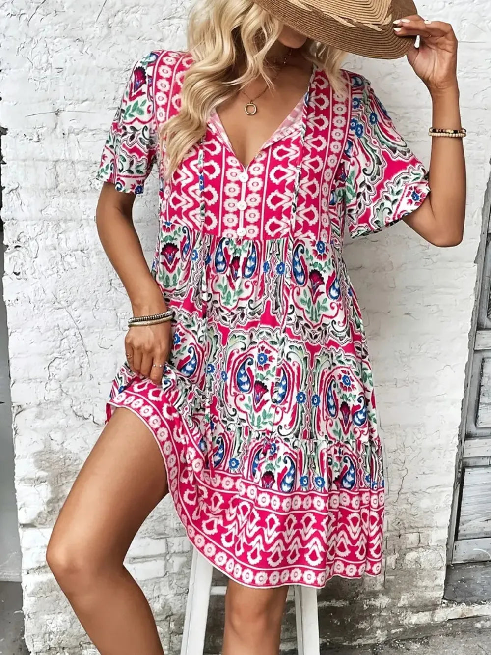 Printed Tie Neck Short Sleeve Dress - Lilixa.store