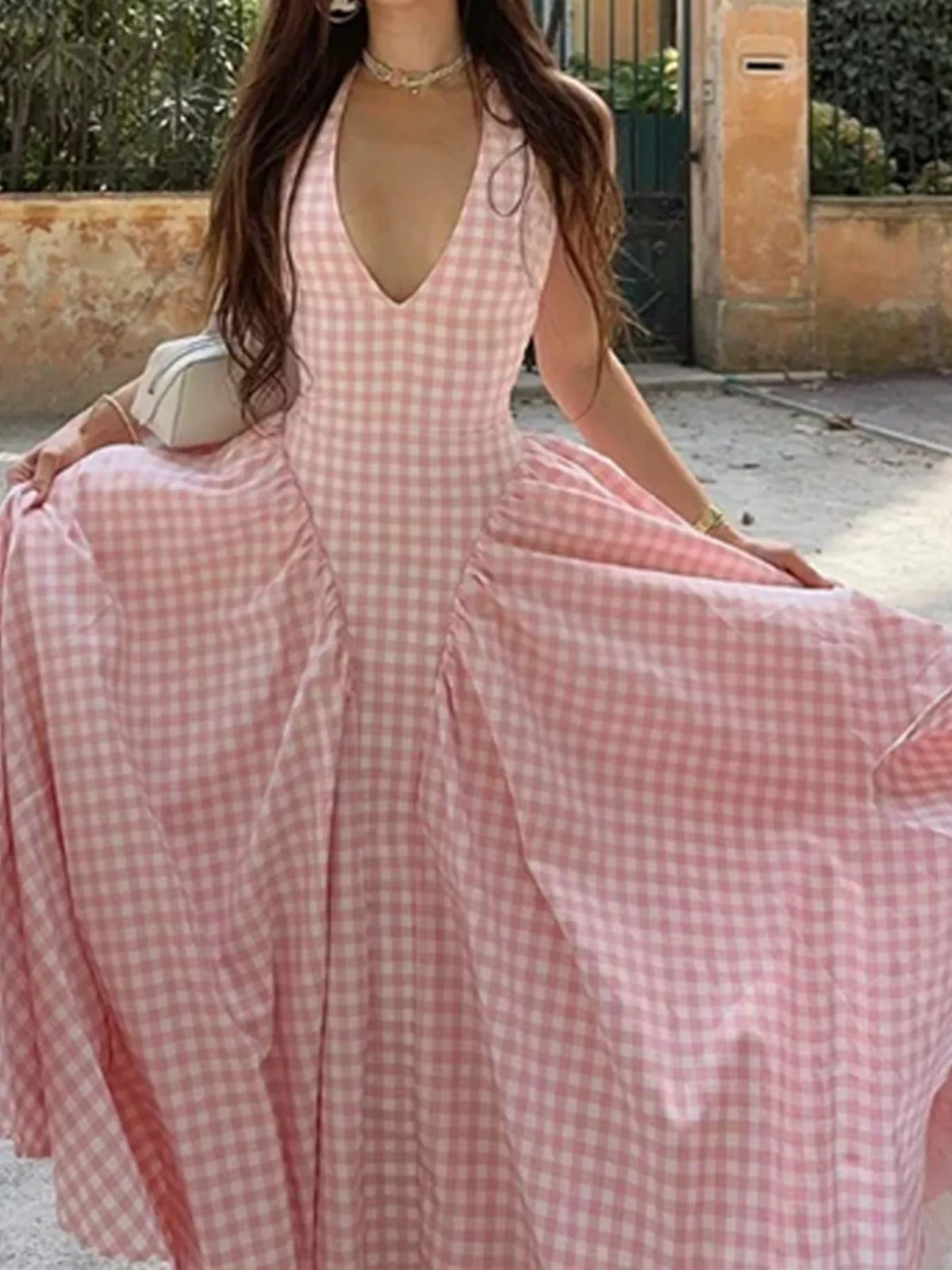 Full Size Gingham Halter Neck Maxi Dress Plus Size - Lilixa.store