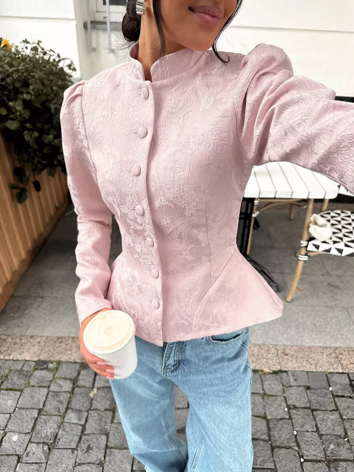 Jacquard Peplum Puff Sleeve Outerwear - Lilixa.store