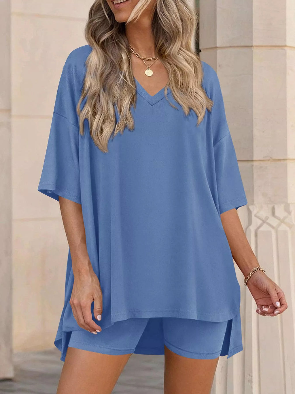 Full Size Casual Loose V-Neck T-Shirt & Shorts Set Plus Size - Lilixa.store