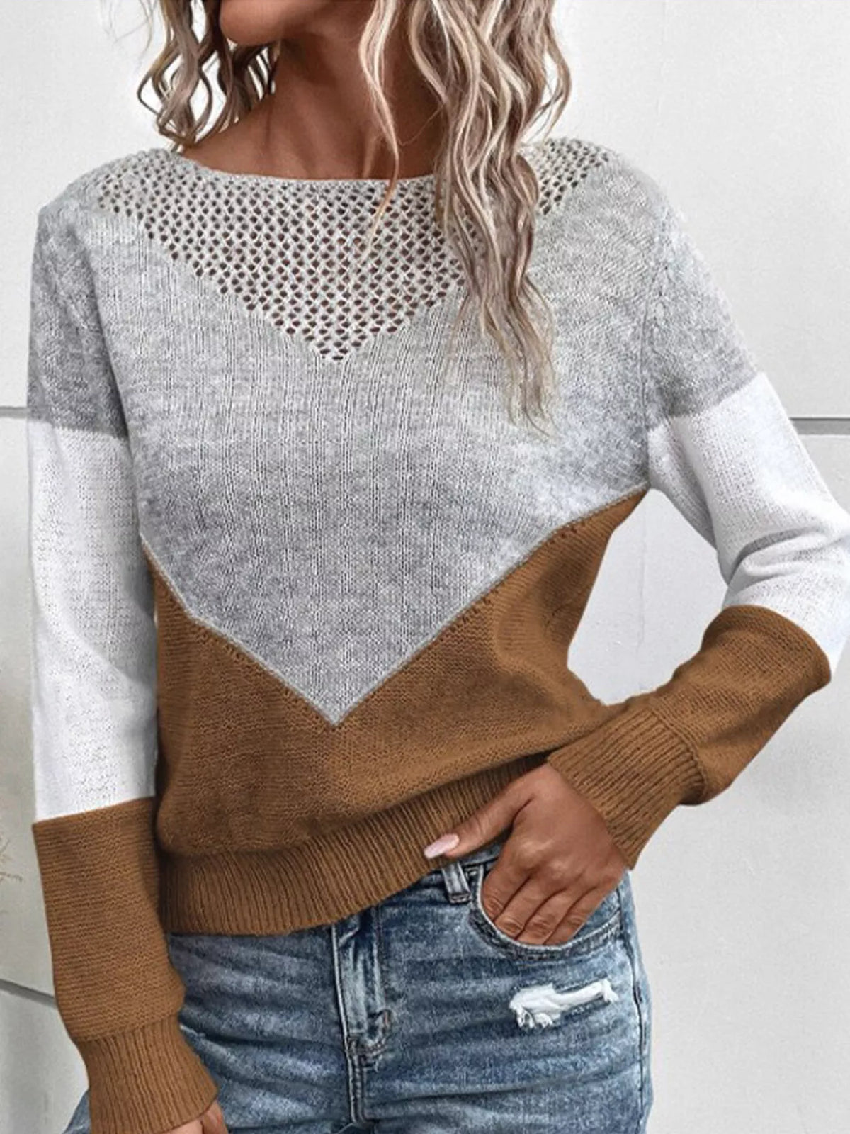 Openwork Color Block Long Sleeve Sweater