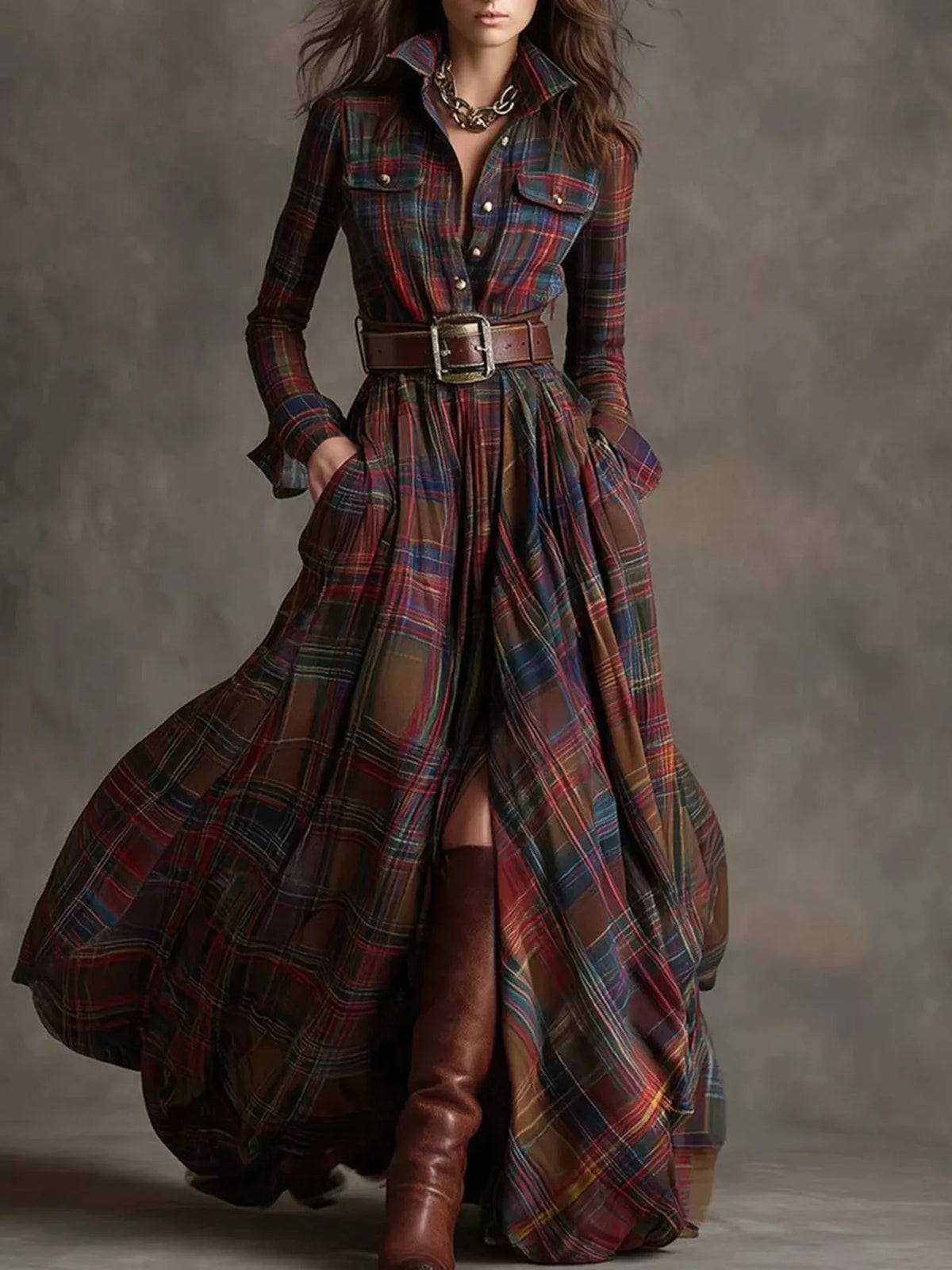 Full Size Plaid Long Sleeve Shirt Maxi Dress Plus Size - Lilixa.store