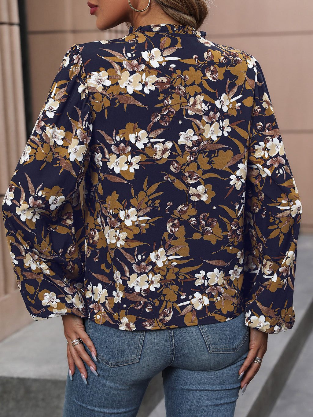 Perfee Floral Notched Balloon Sleeve Blouse - Lilixa.store