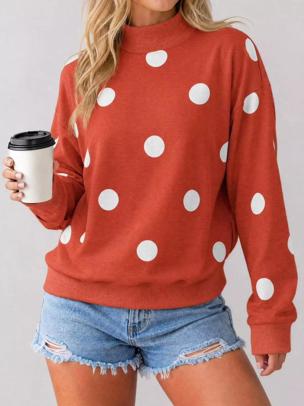 Mock Neck Polka Dot Print Oversized Sweatshirt - Lilixa.store