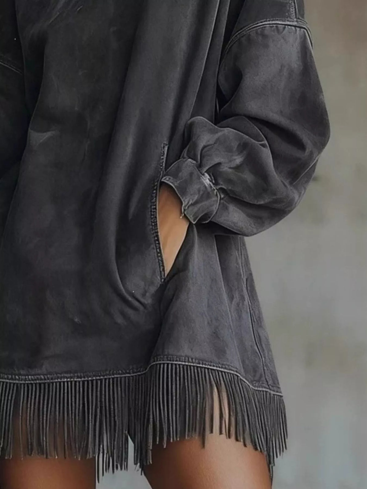 Suede Mock Neck Fringed Mini Dress, view 2