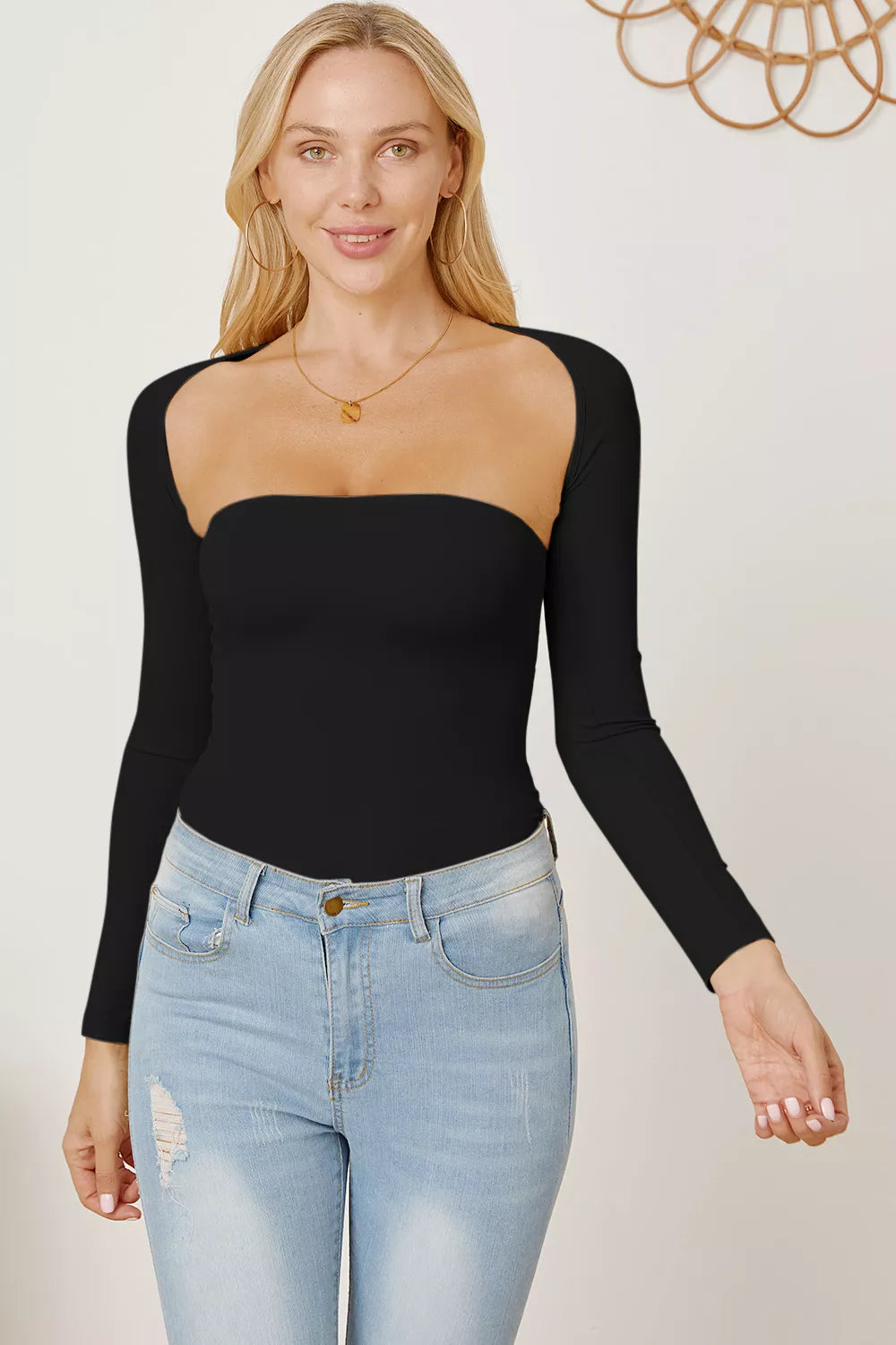 Cutout Raglan Sleeve Bolero and Tube Top in Black