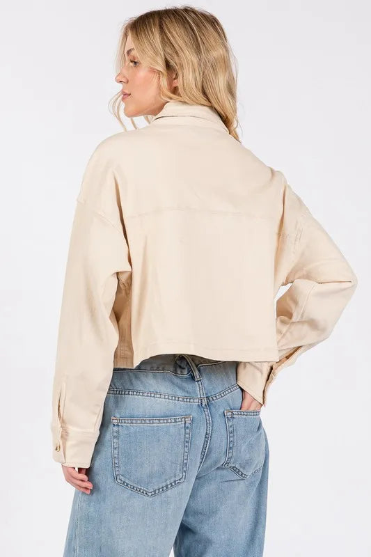 bytos Button Down Cropped Denim Jacket with Patch Pockets in Tan, view 4