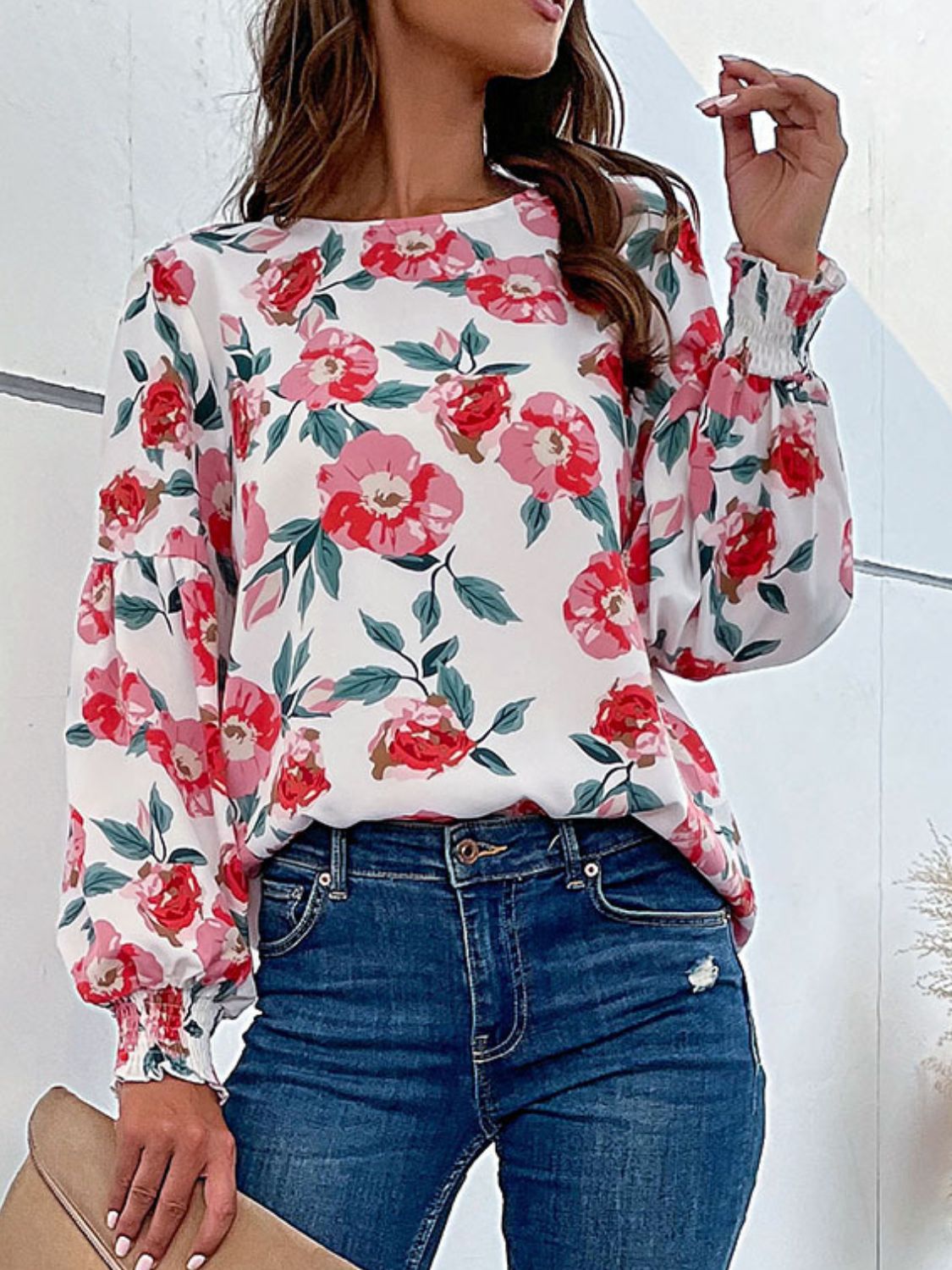 Perfee Floral Long Puff Sleeve Round Neck Blouse, view 4
