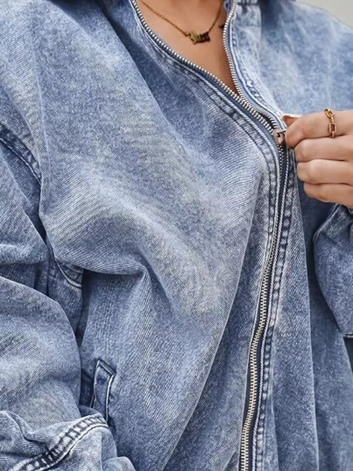 Vintage Washed Zip Up Hooded Denim Jacket, view 5