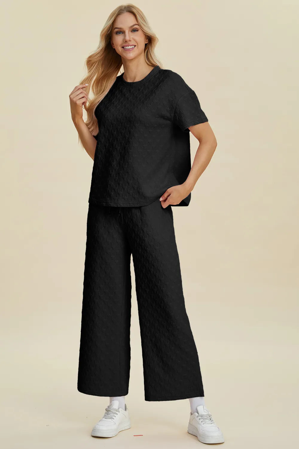 Double Take Full Size Texture Round Neck Short Sleeve Top and Pants Set, view 12