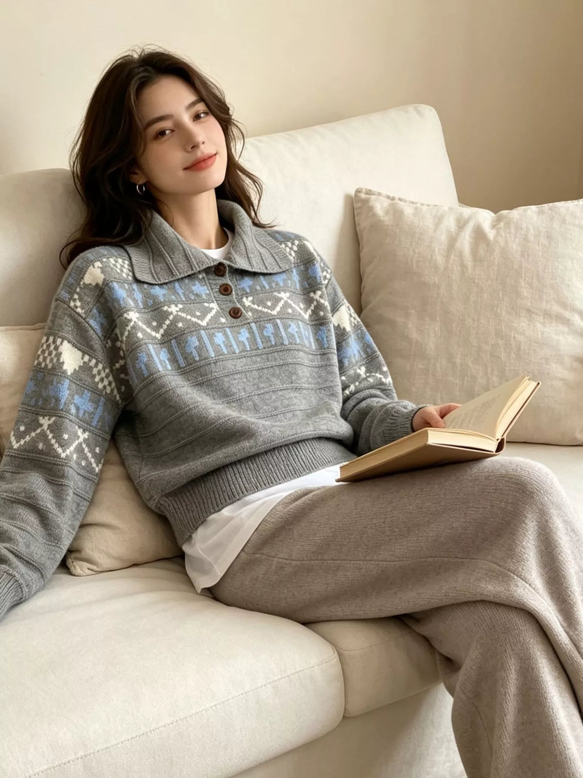 Vintage-Inspired Fair Isle Patterned Polo Sweater, view 14