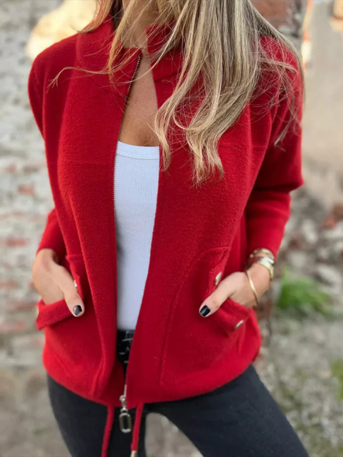 Full Size Textured Knit Zip Up Outerwear Plus Size, view 2