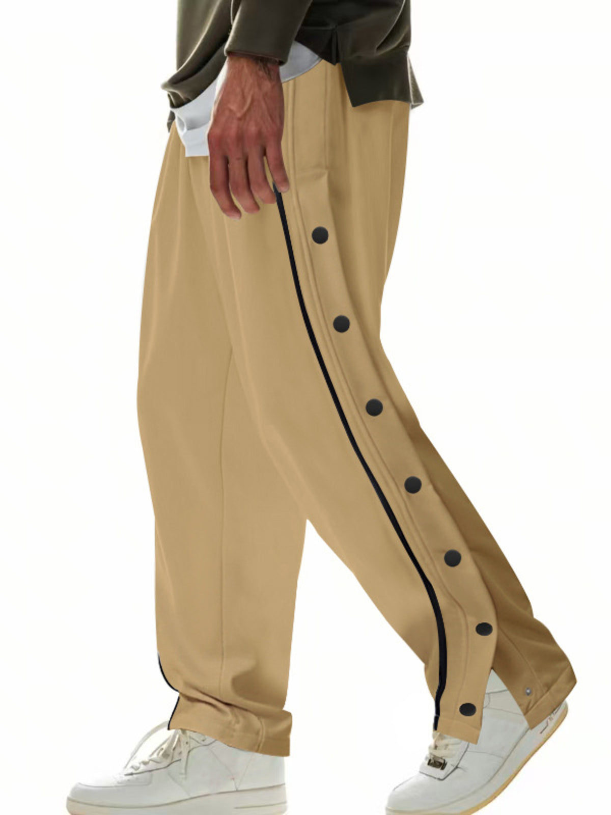 Men's Full Size Loose Fit Side Snap Button Track Pants Plus Size in Khaki