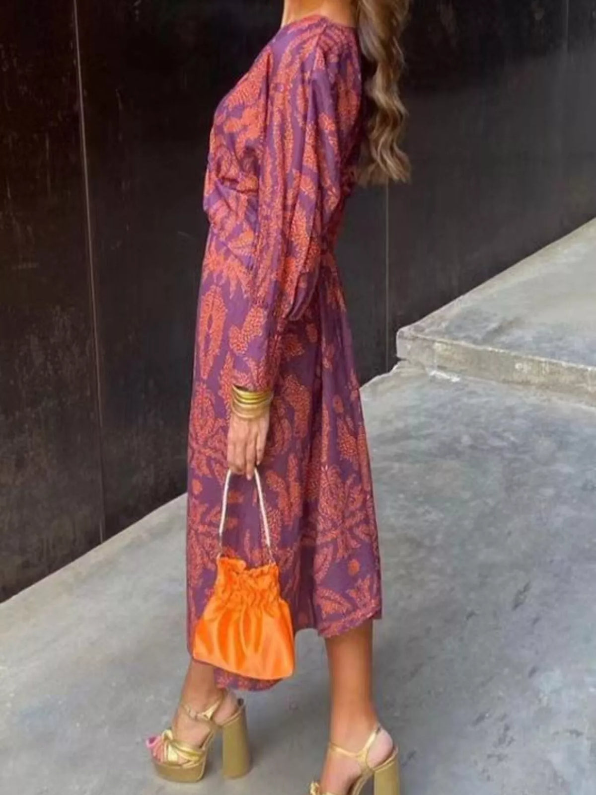 Full Size Printed V-Neck Long Sleeve Twisted Midi Dress Plus Size in Purple