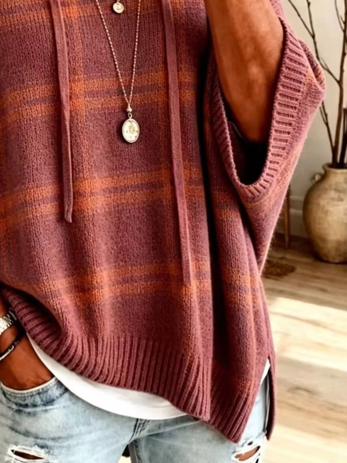 Plaid Hooded Knit Sweater, view 4