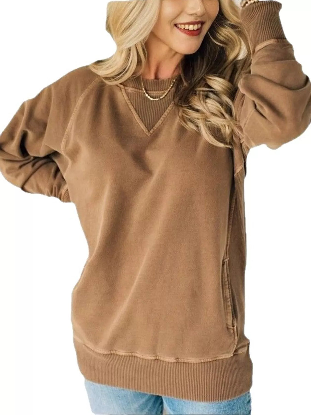 Crew Neck Raglan Sleeve Sweatshirt in Brown
