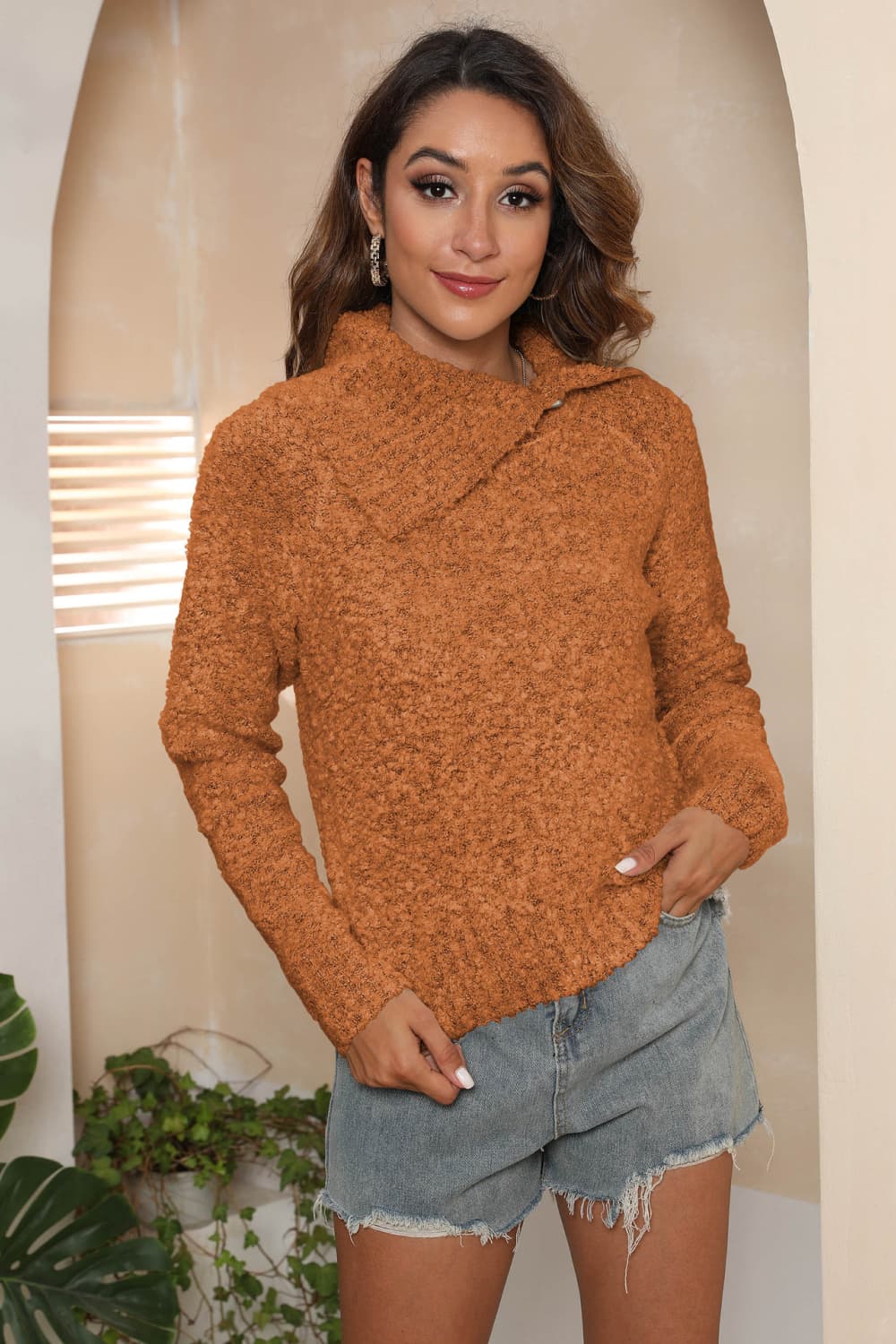 Asymmetrical Neck Long Sleeve Pullover Sweater in Caramel