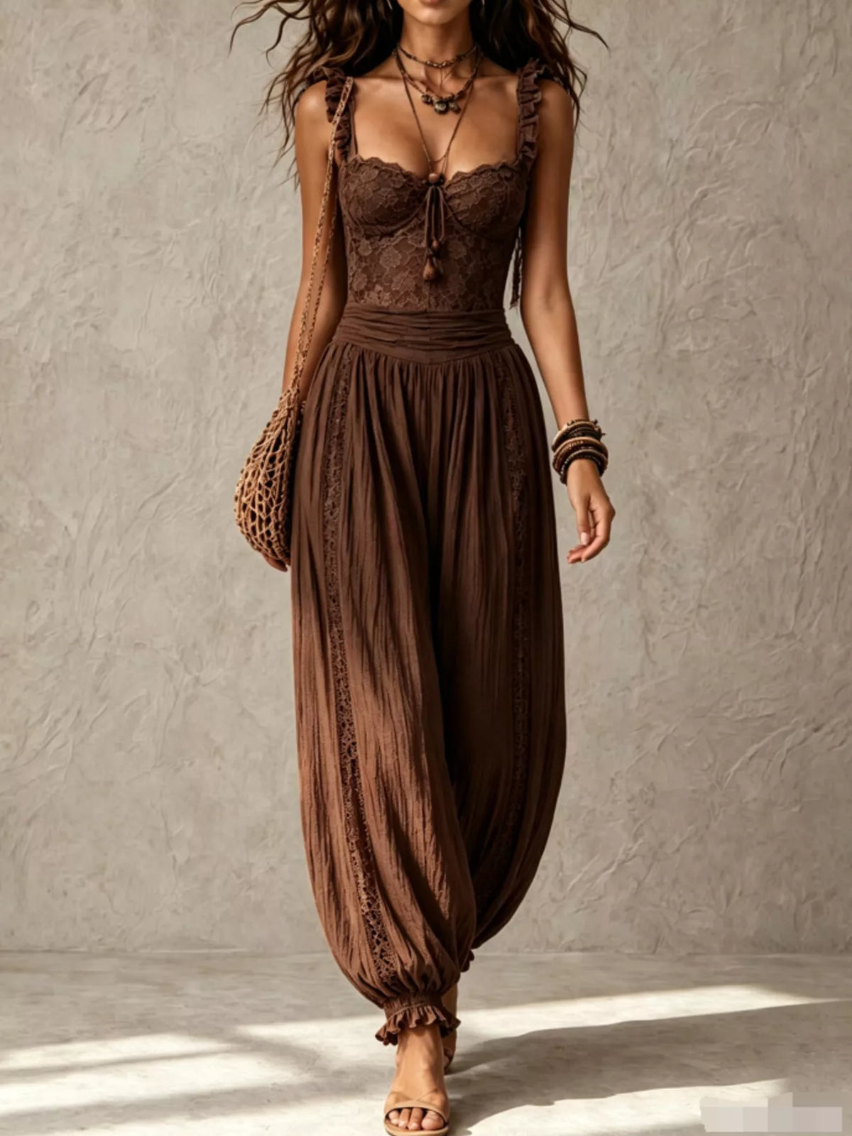 Boho Lace Corset Bodice Jumpsuit with Harem Pants in Brown