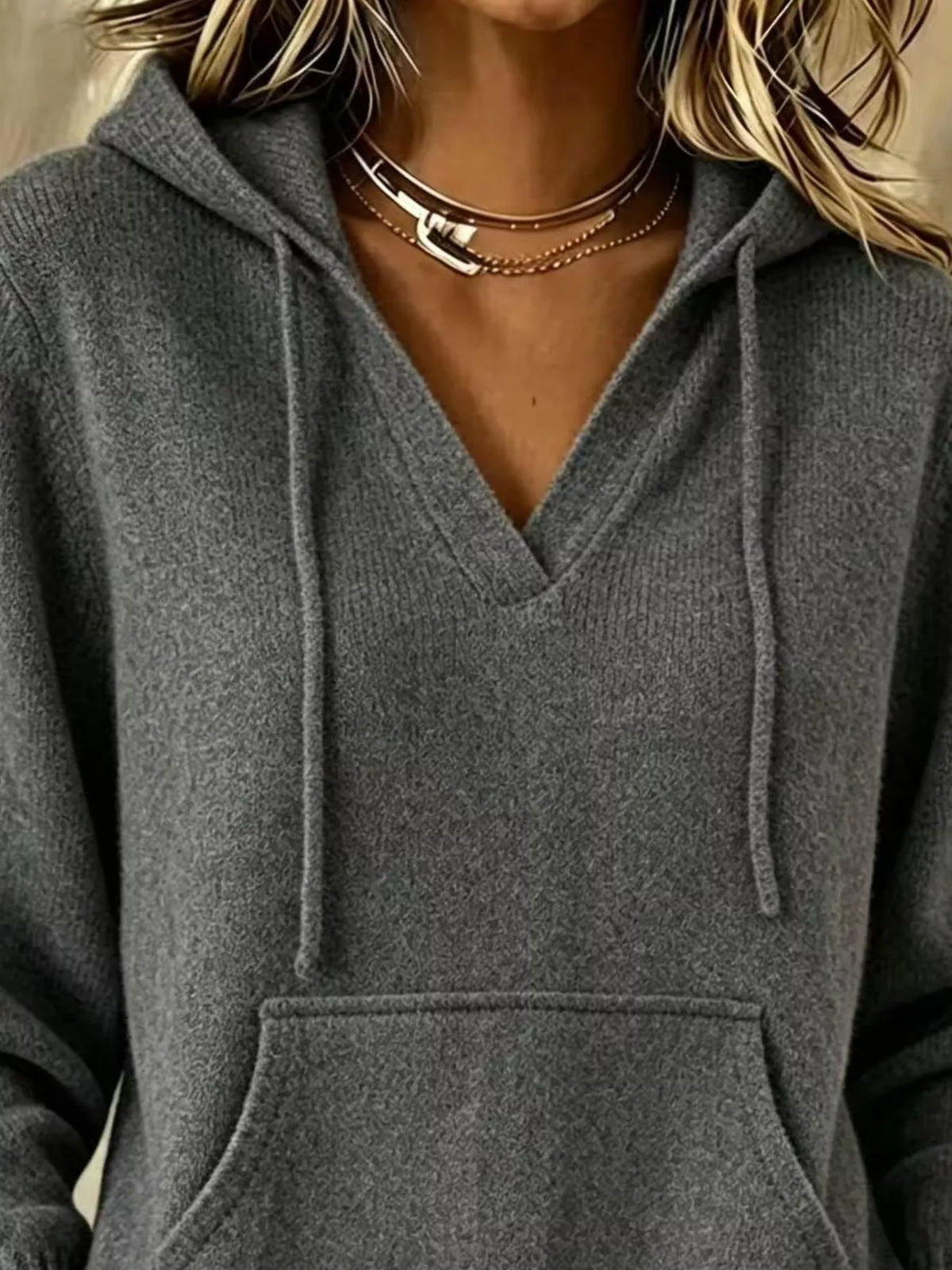 Drawstring Kangaroo Pocket Hooded Sweater, view 4