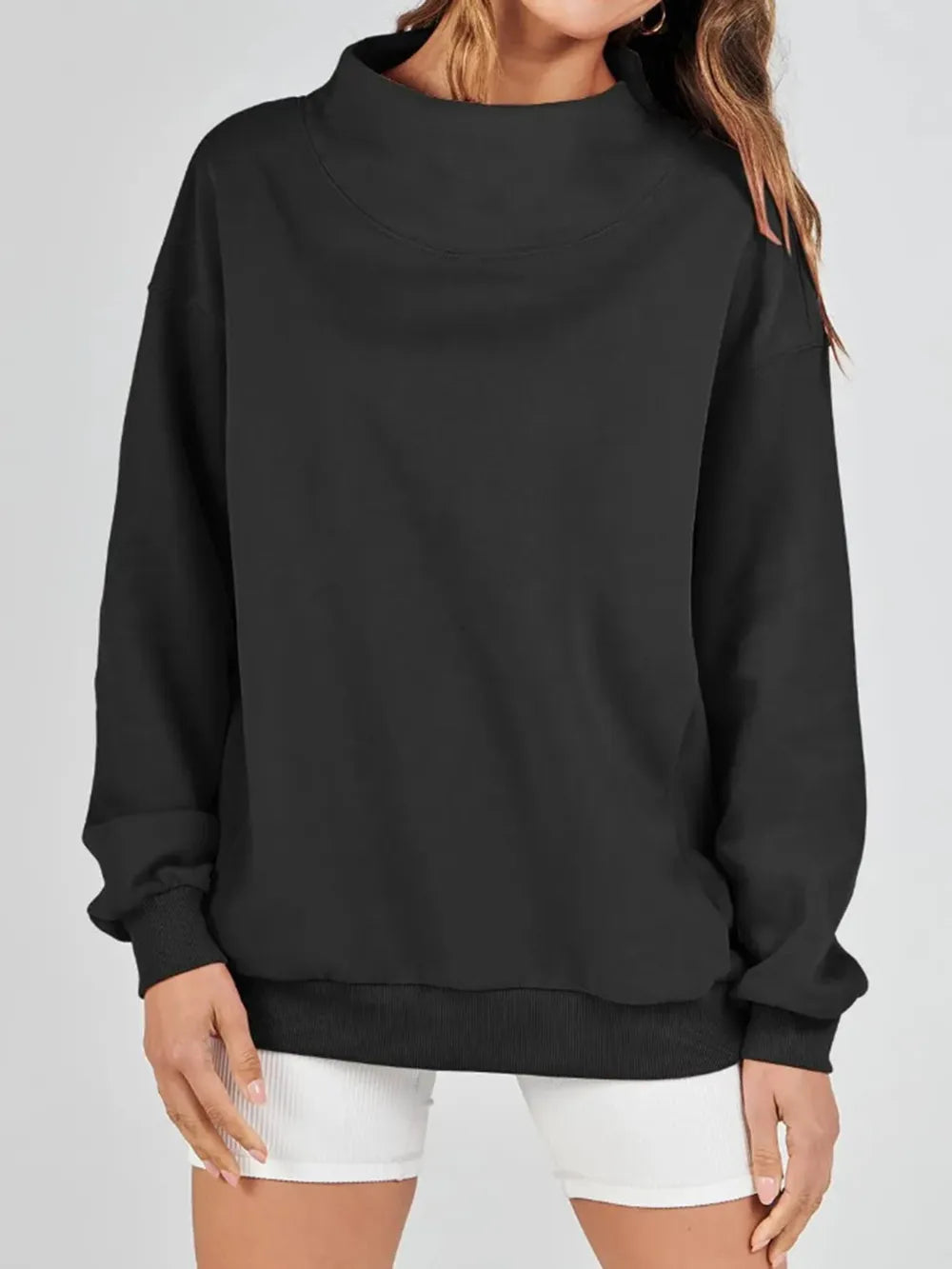 Mock Neck Drop Shoulder Long Sleeve Sweatshirt - Lilixa.store