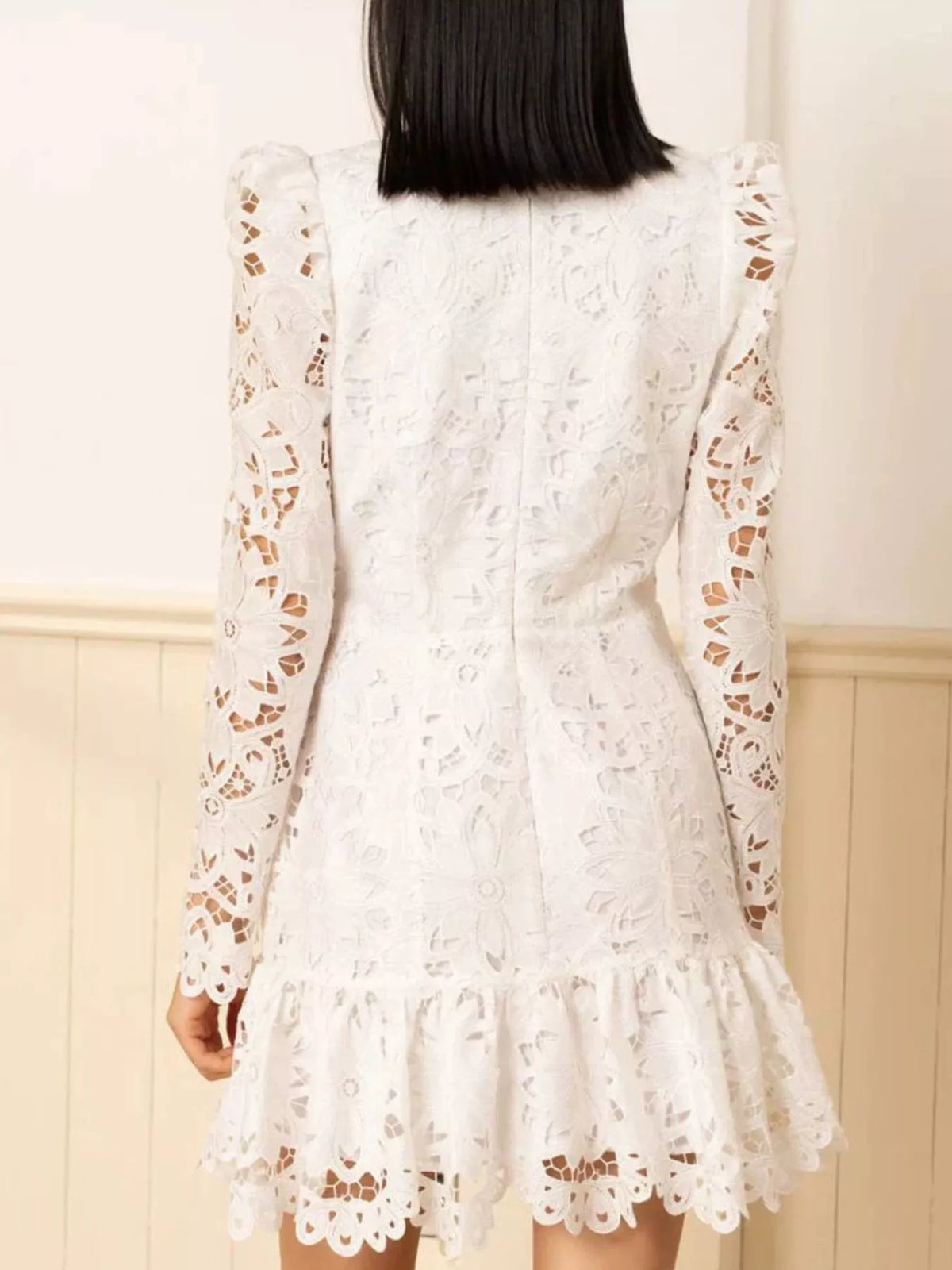 Lace Long-Sleeve Mini Dress with Scalloped Neckline in White, view 4
