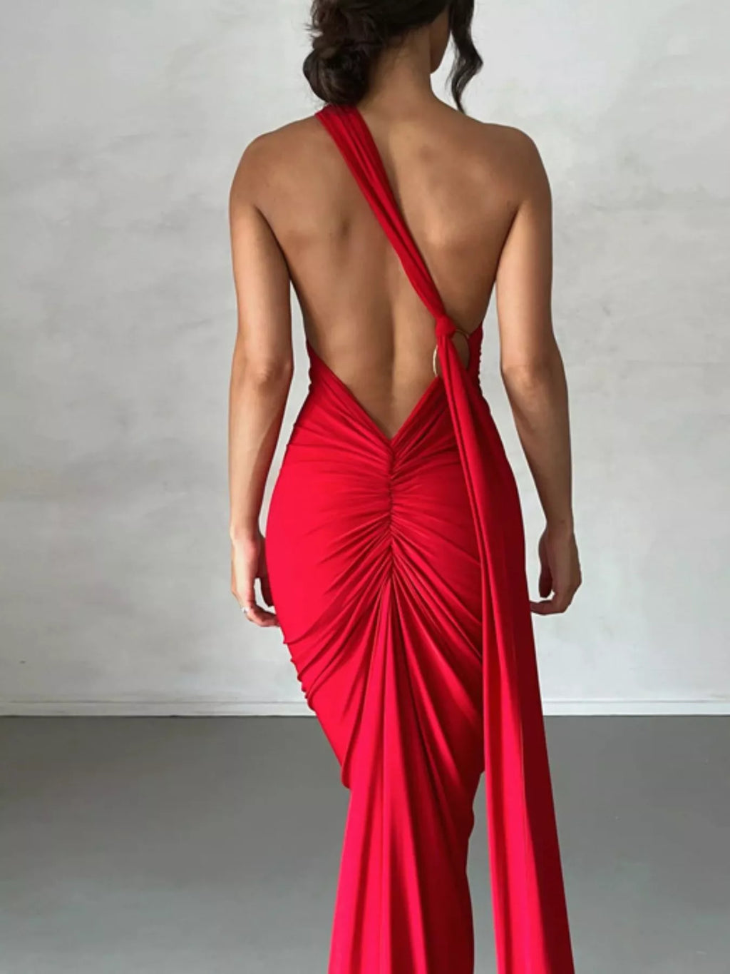 Backless One-Shoulder Ruched Bodycon Maxi Dress - Lilixa.store