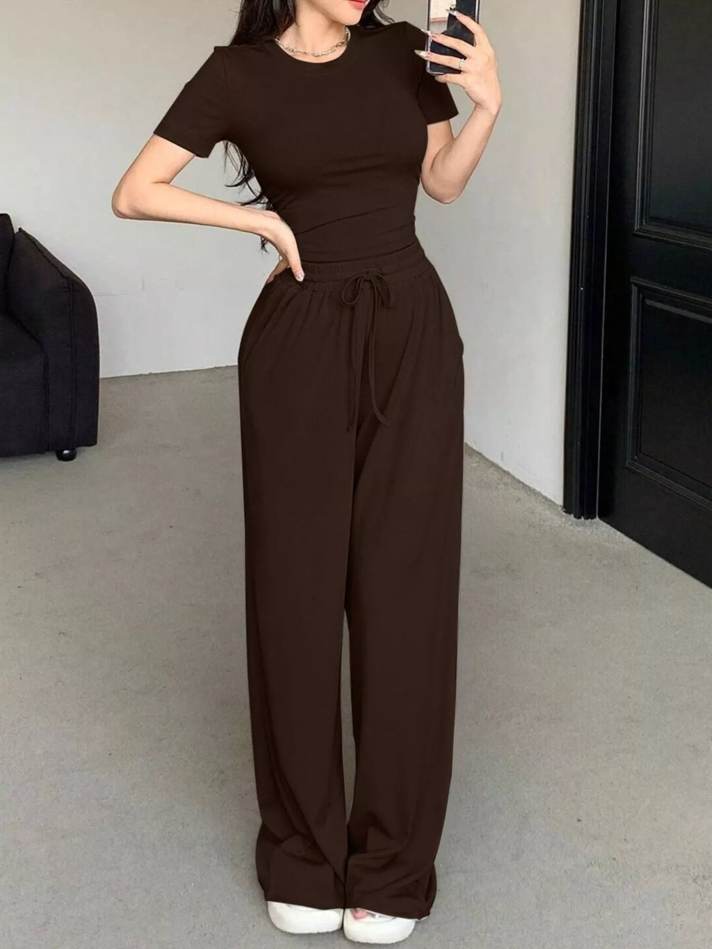 Solid Color Short Sleeve Crop Top and Wide Leg Pants Set - Lilixa.store