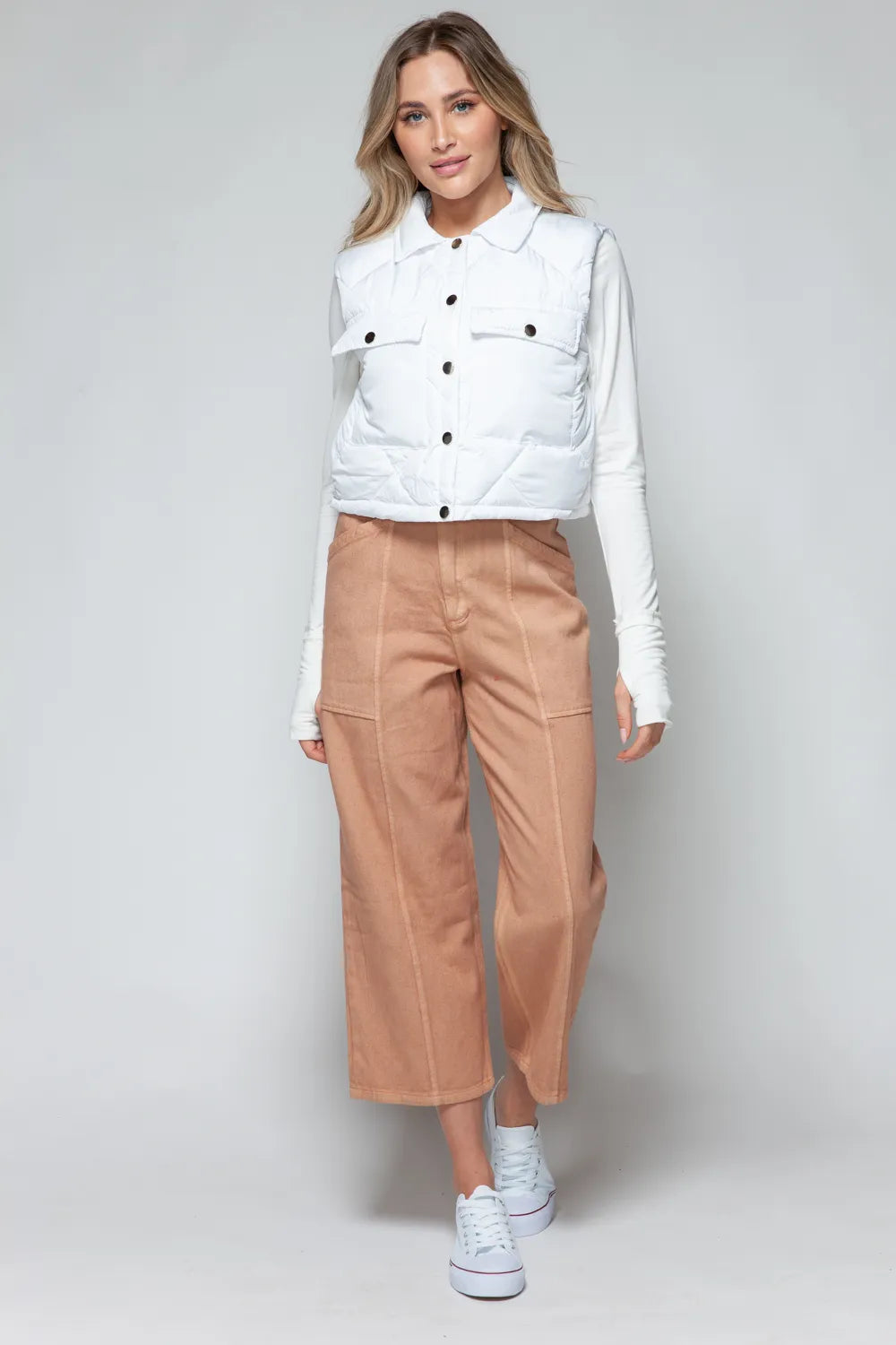 Snobbish Snap Down Quilted Crop Vest in White, view 7
