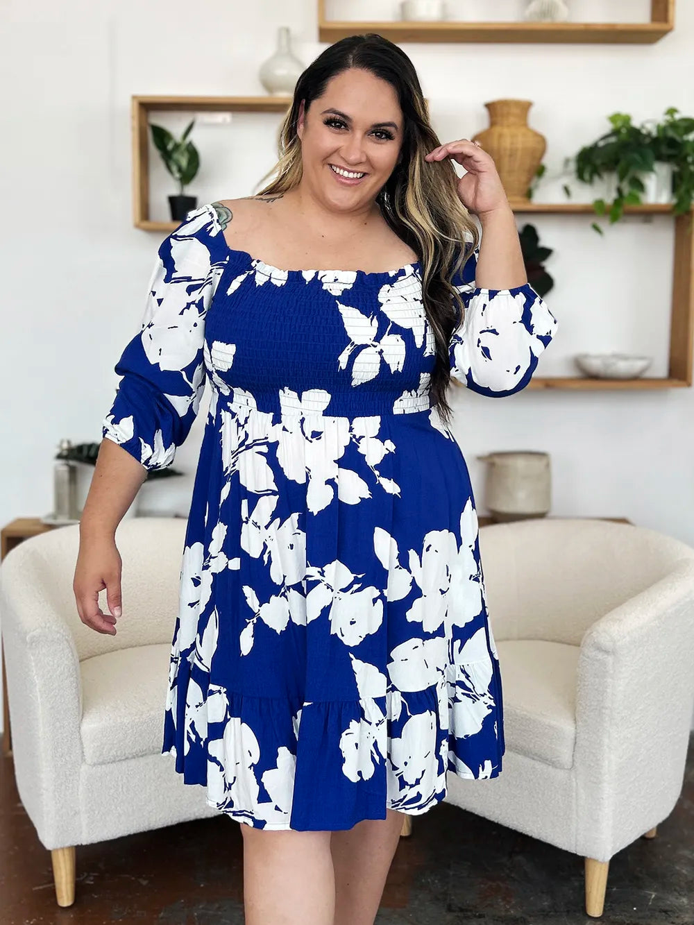 Double Take Full Size Floral Ruffle Hem Smocked Dress with Pockets - Lilixa.store