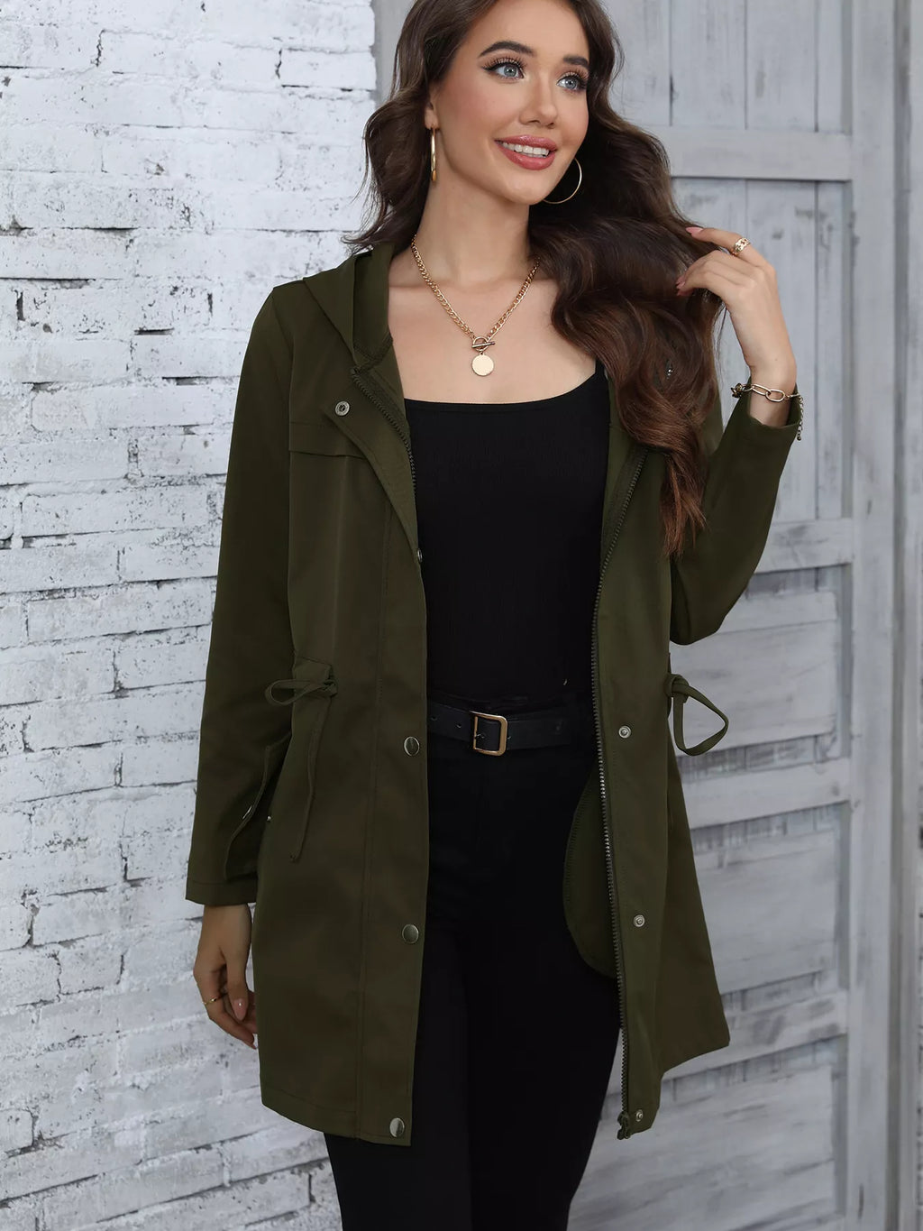 Hooded Drawstring Waist Casual Outerwear - Lilixa.store
