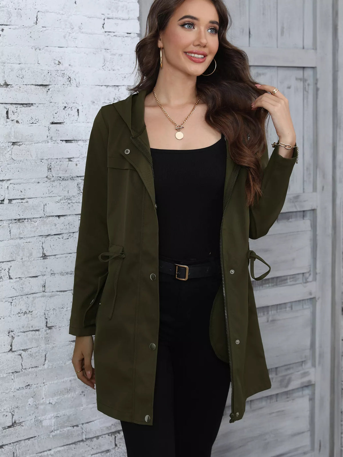Hooded Drawstring Waist Casual Outerwear - Lilixa.store