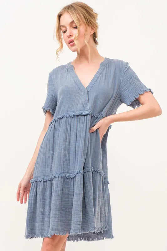 And The Why Washed Frayed Detail Tiered Dress - Lilixa.store