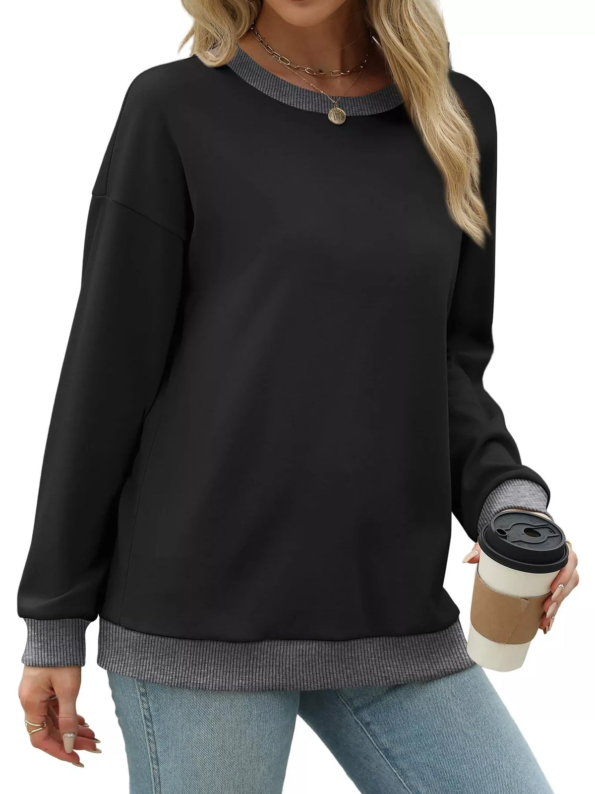 Contrast Trim Crew Neck Casual Sweatshirt - Lilixa.store