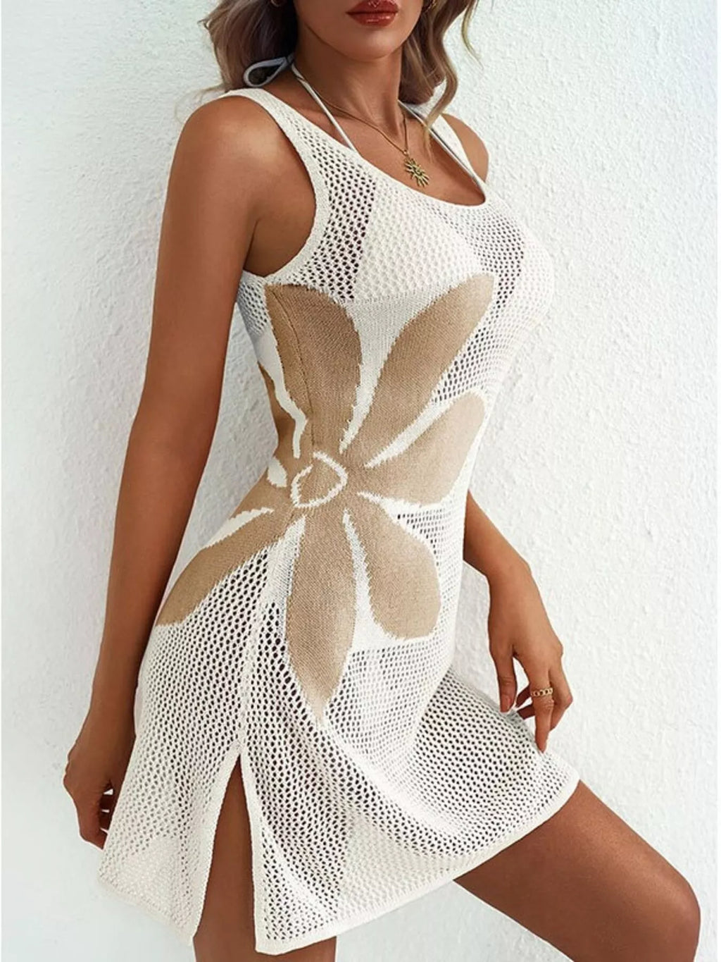 Side Slit Flower Crochet Knit Cover Up Dress - Lilixa.store