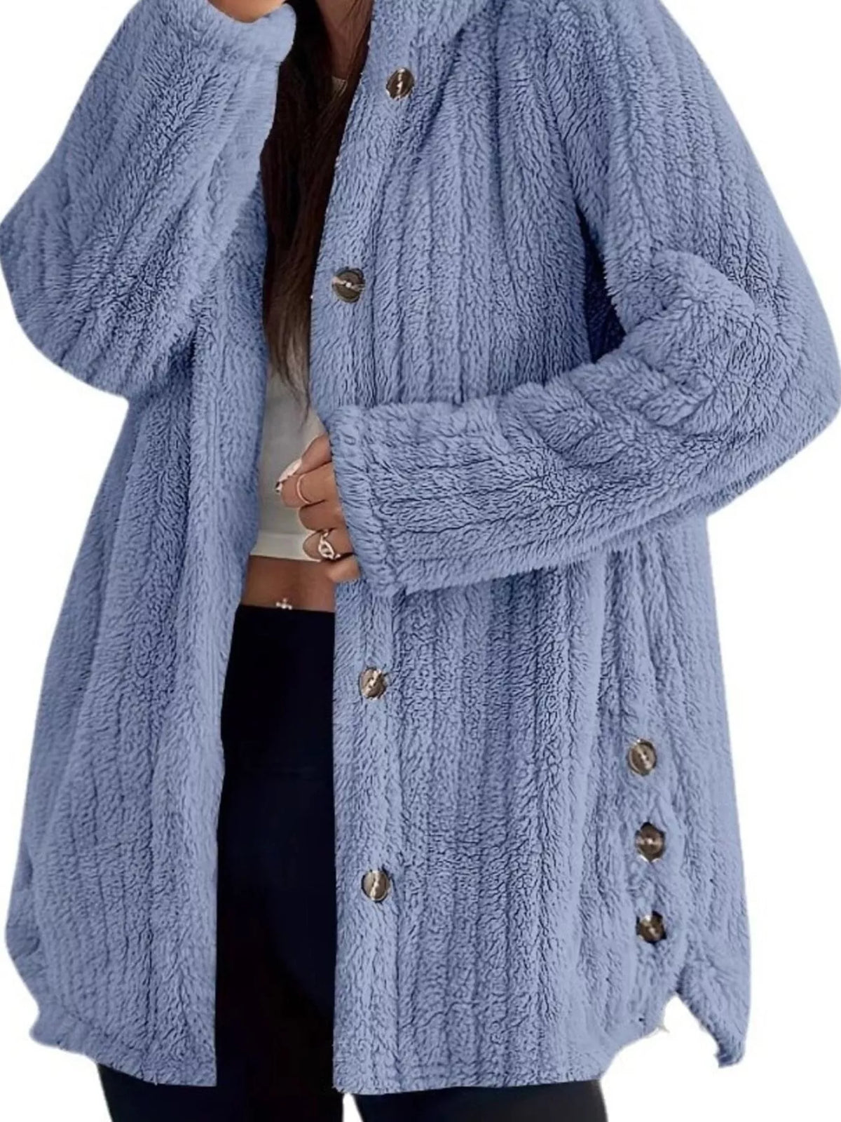 Full Size Fleece Button Up Hooded Outerwear Plus Size, view 5