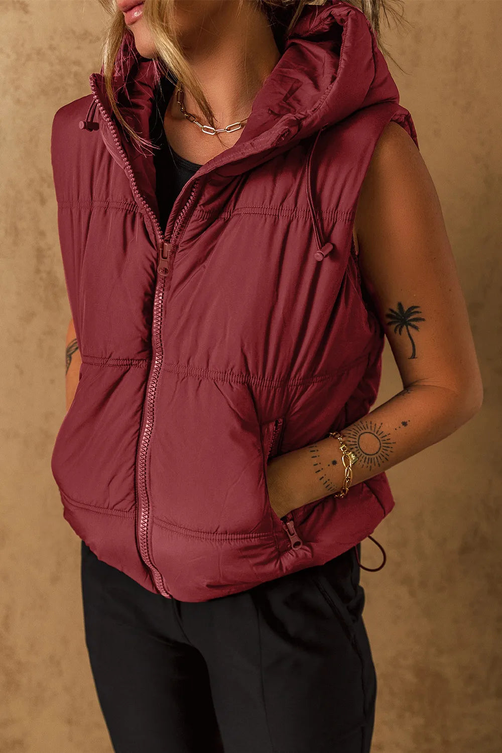 Drawstring Zip Up Hooded Vest Coat in Burgundy, view 6