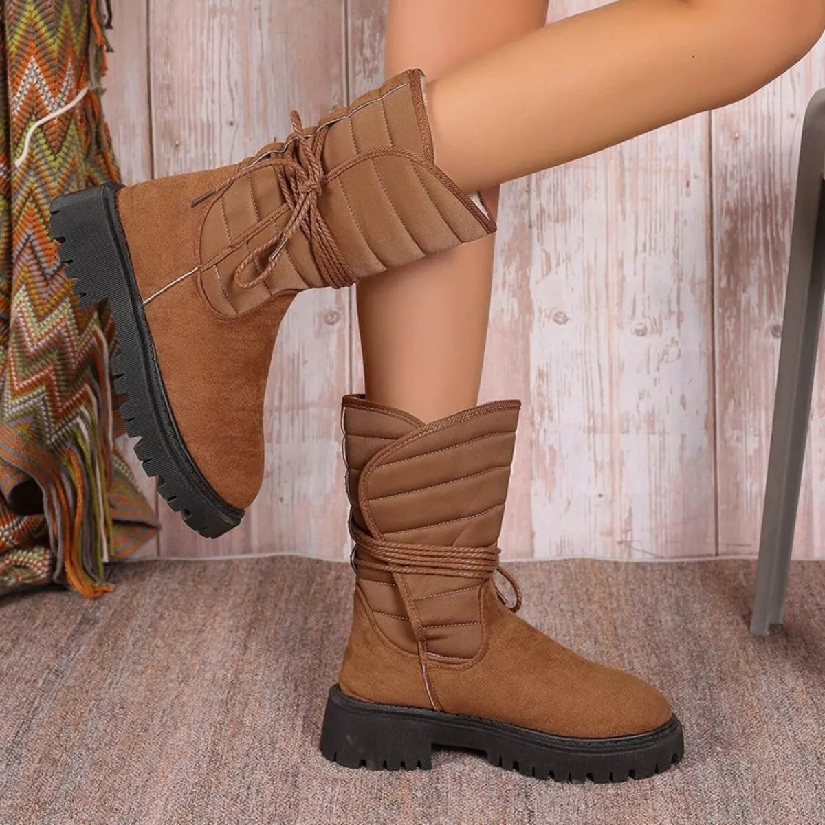 Quilted Lace-Up Mid-Calf Boots, view 13