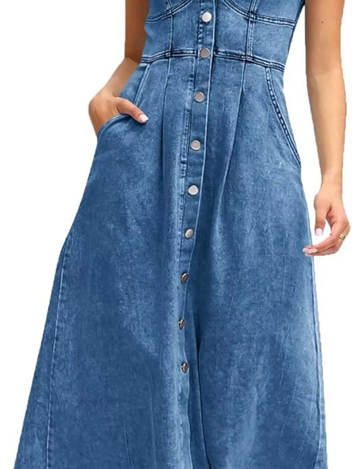 Smocked Back Button Front Denim Midi Dress - Lilixa.store