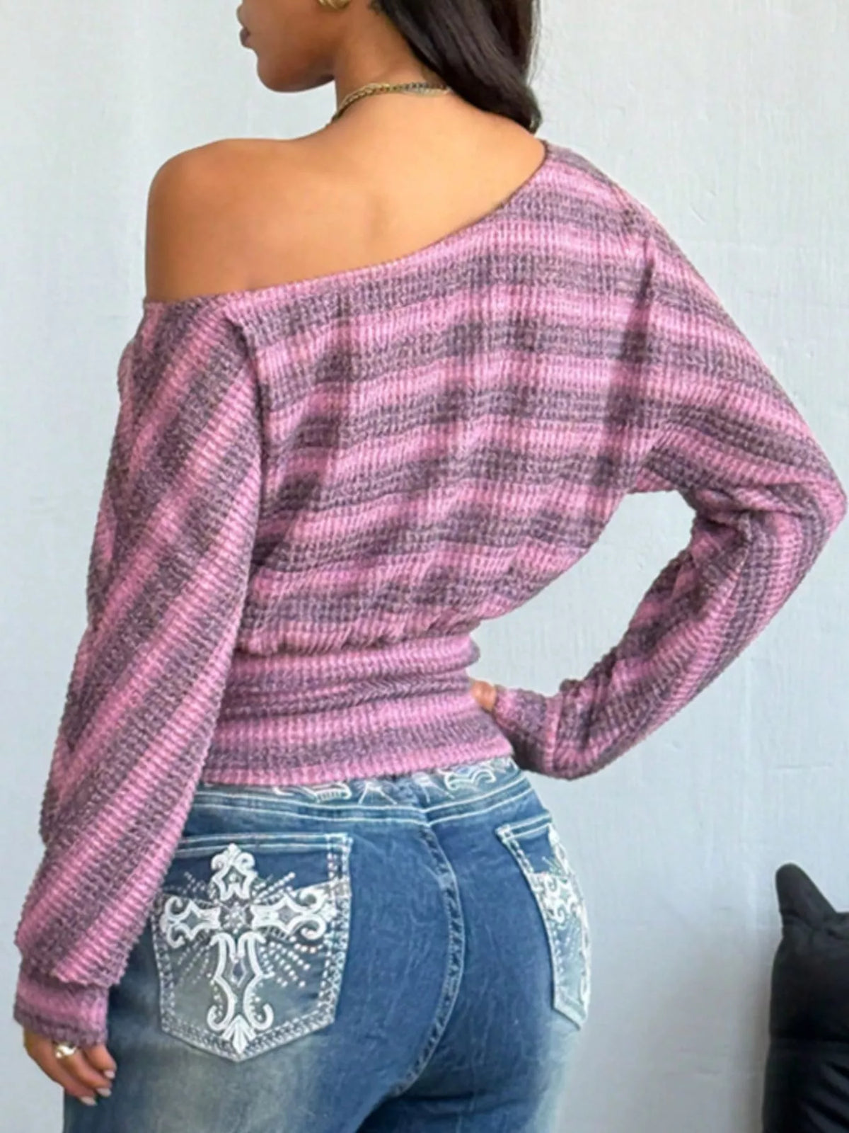 Off-Shoulder Striped Cropped Knit Top, view 6