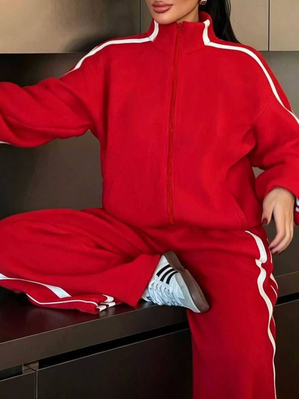 Side Stripes Zip Up Top and Pants Set - Lilixa.store