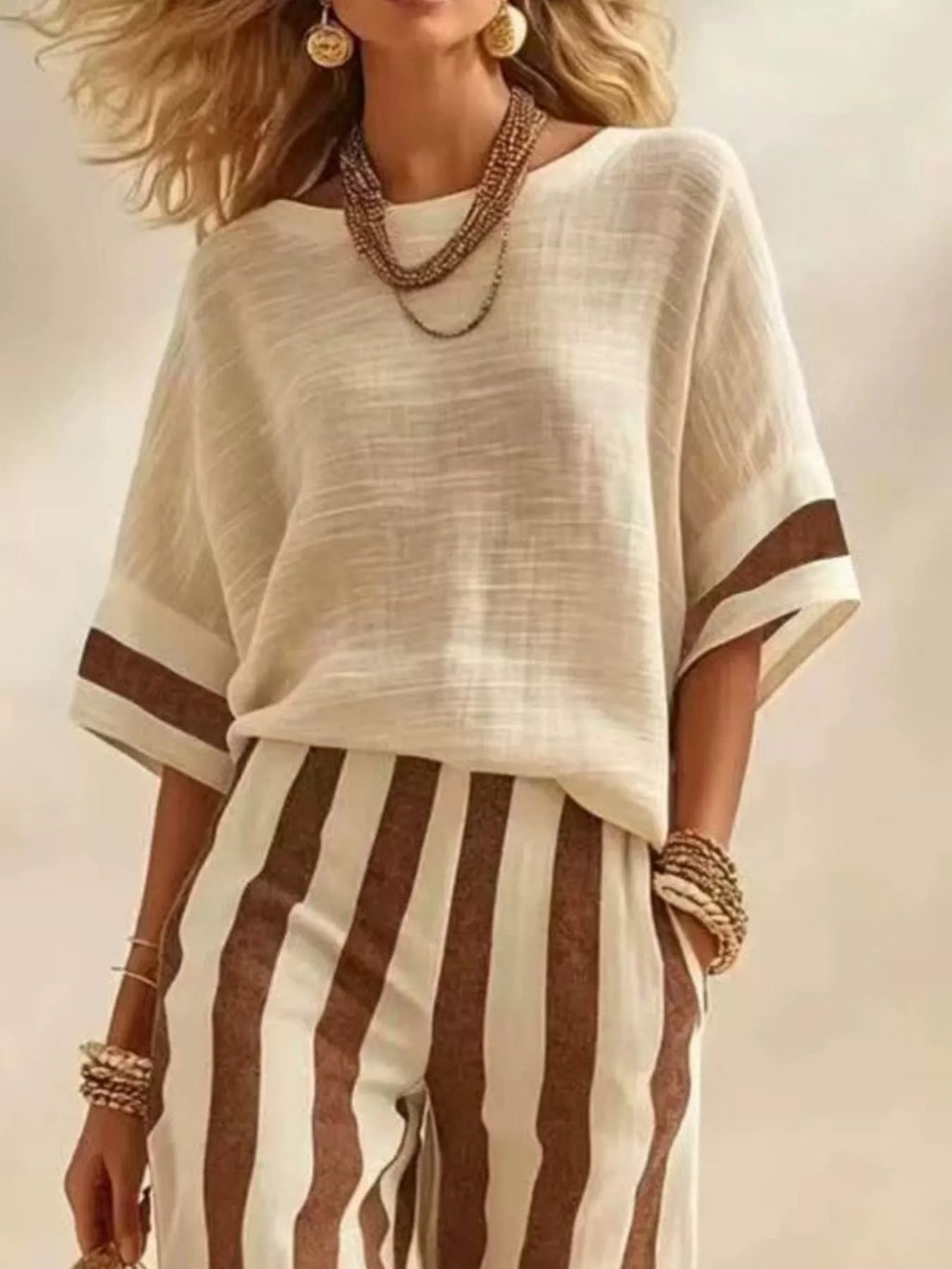 Full Size Striped Half Sleeve Top and Pants Set Plus Size - Lilixa.store