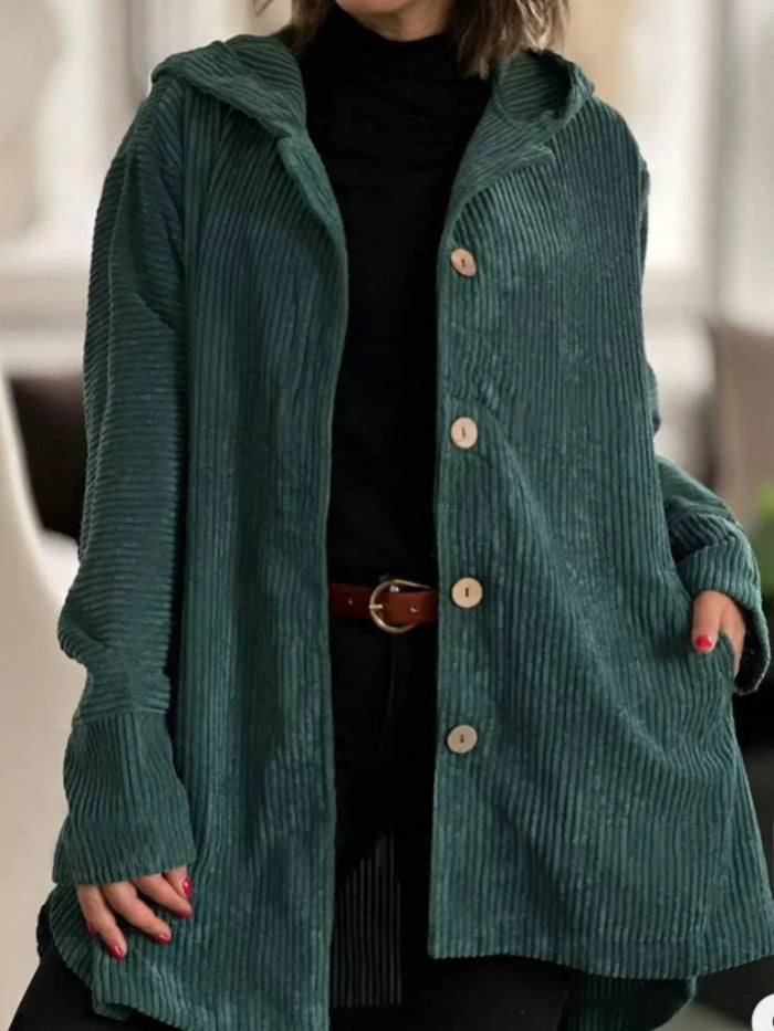 Full Size Corduroy Button Up Hooded Jacket Plus Size in Green