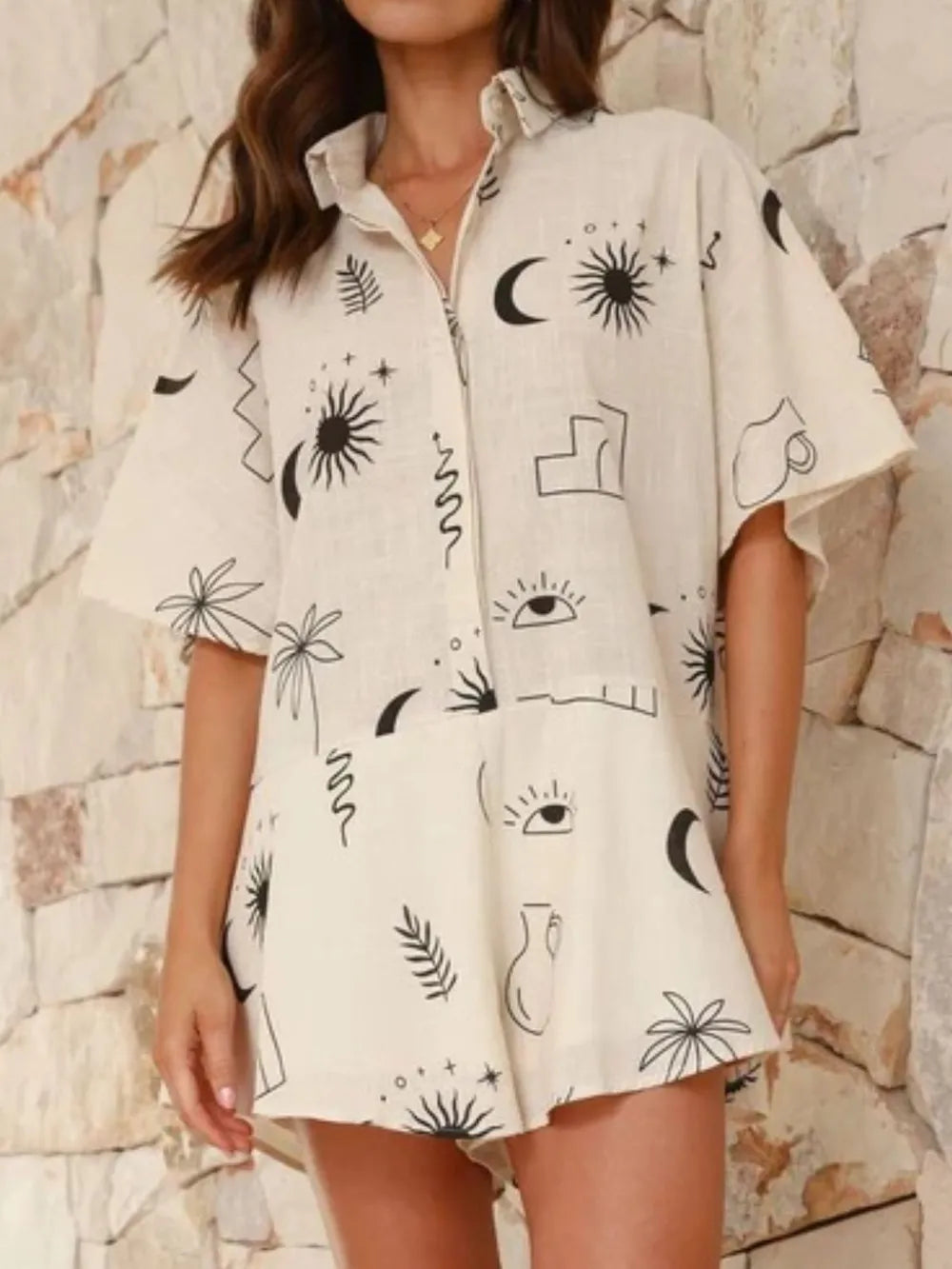 Printed Collared Neck Half Sleeve Romper - Lilixa.store